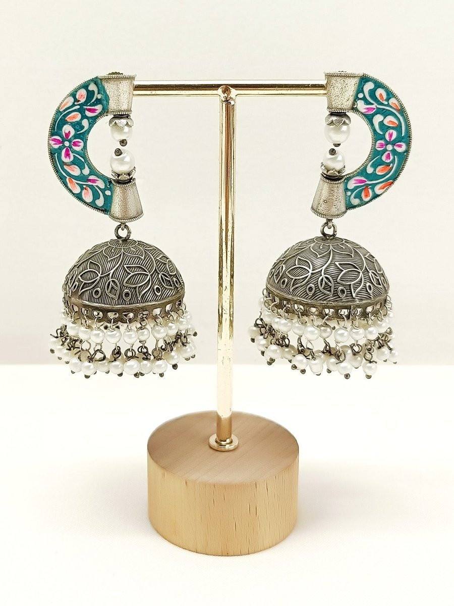 Hridyanshi Blue Oxidized Jhumki - House of Sarvati LLC