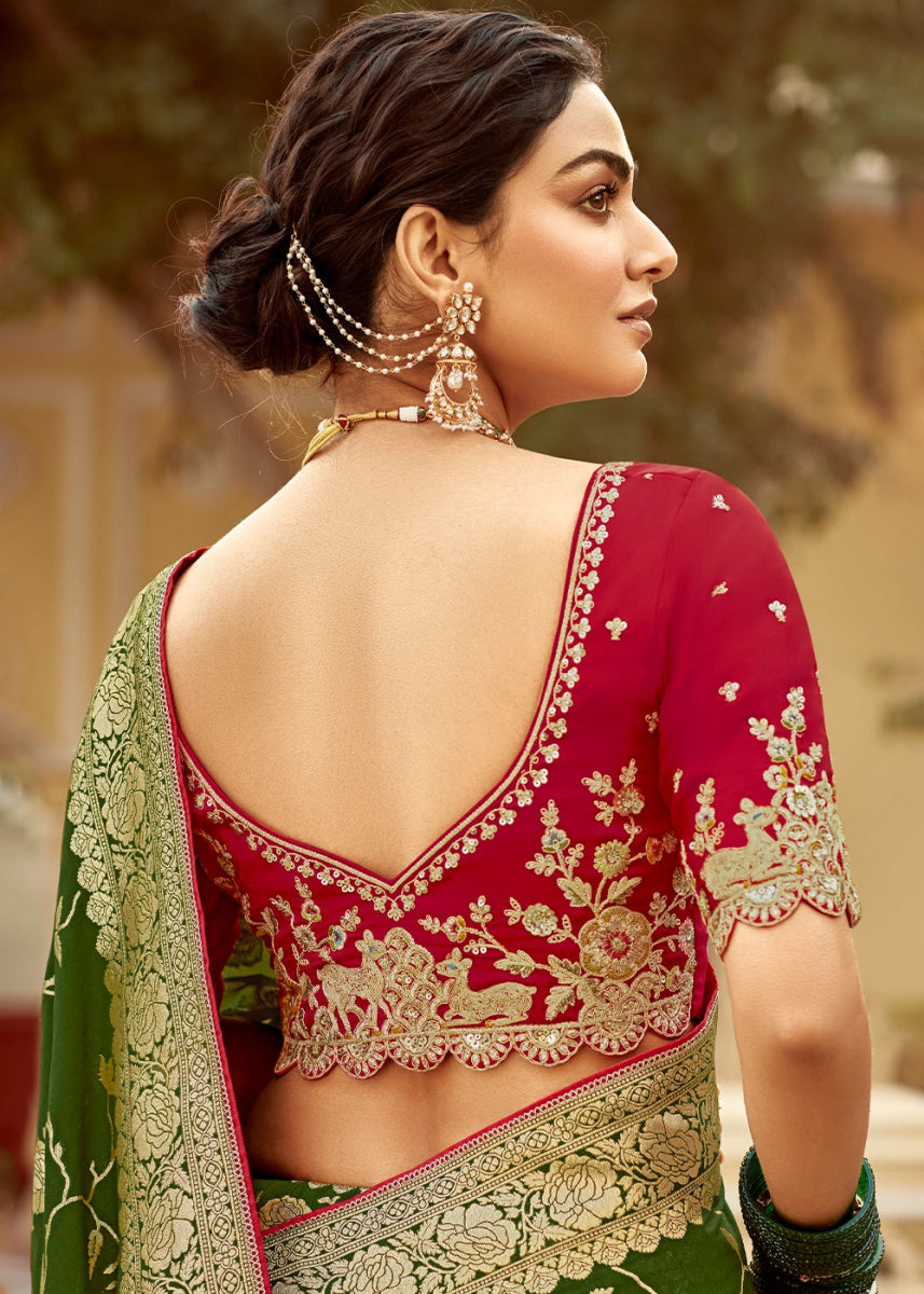Hunter Green Dola Silk Saree with Intricate Weaving & Embroidered Blouse - House of Sarvati LLC