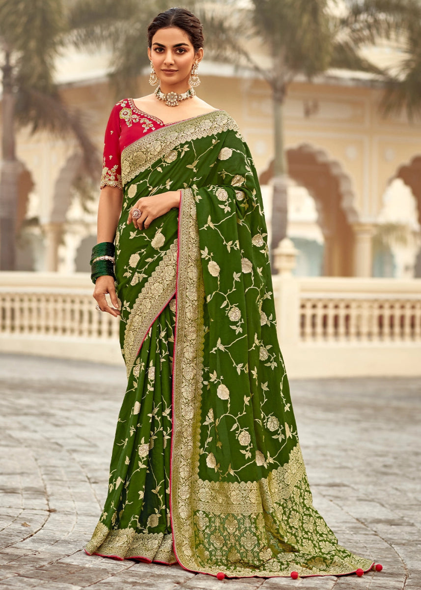 Hunter Green Dola Silk Saree with Intricate Weaving & Embroidered Blouse - House of Sarvati LLC