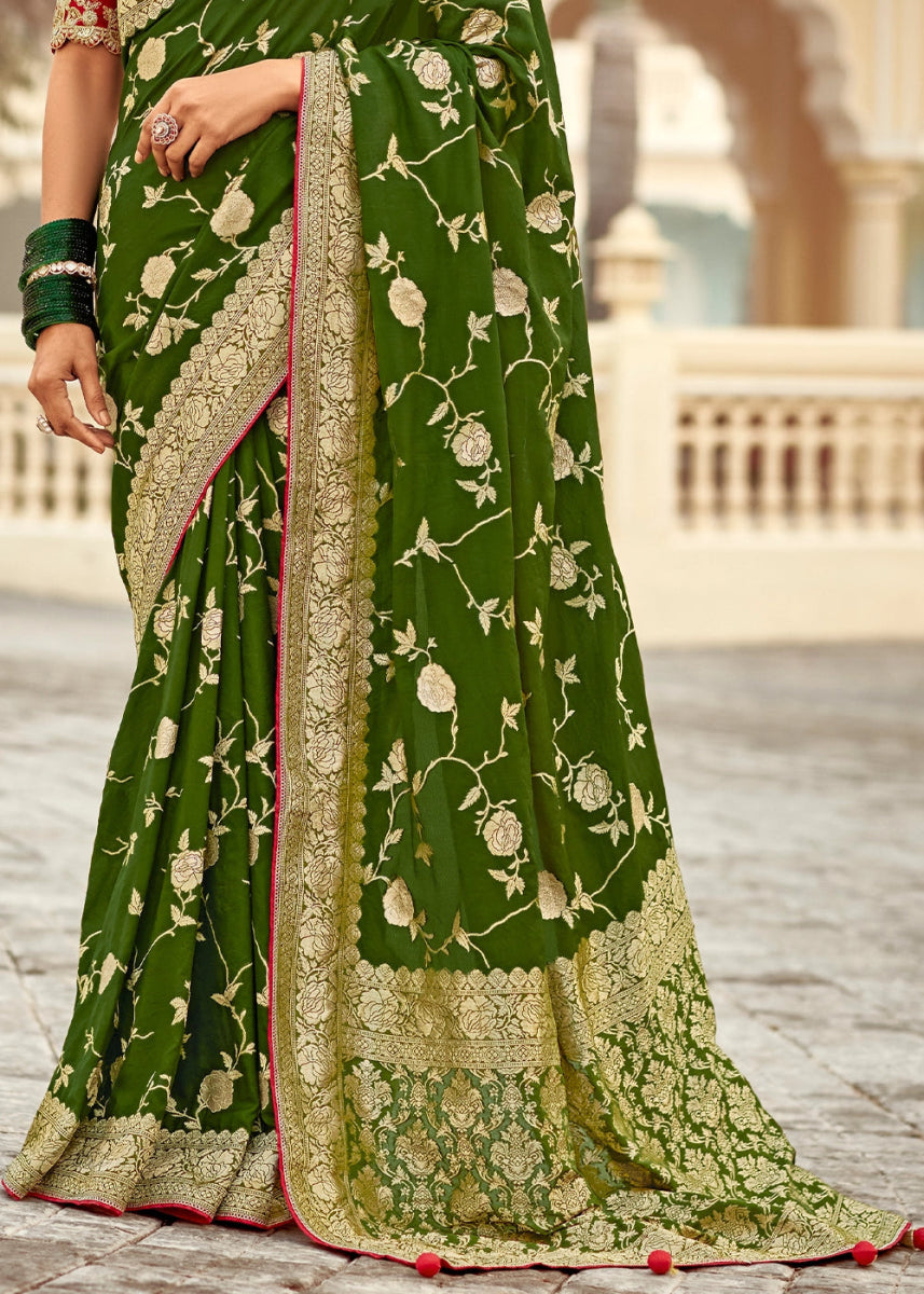 Hunter Green Dola Silk Saree with Intricate Weaving & Embroidered Blouse - House of Sarvati LLC