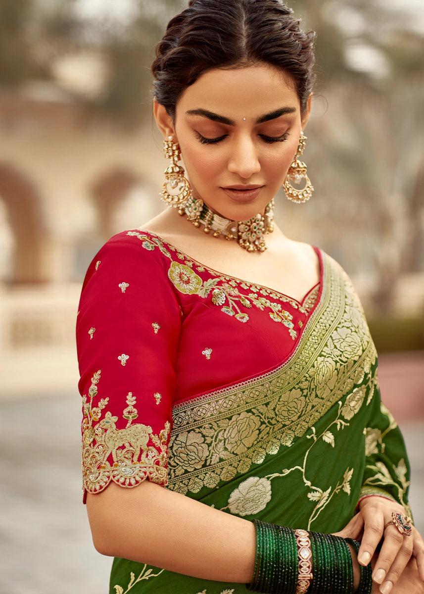 Hunter Green Dola Silk Saree with Intricate Weaving & Embroidered Blouse - House of Sarvati LLC
