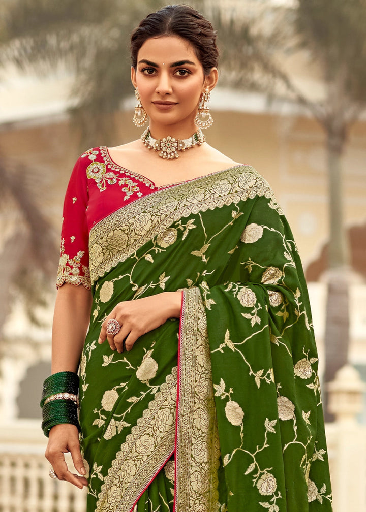 Hunter Green Dola Silk Saree with Intricate Weaving & Embroidered Blouse - House of Sarvati LLC