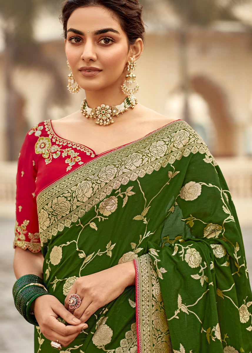Hunter Green Dola Silk Saree with Intricate Weaving & Embroidered Blouse - House of Sarvati LLC