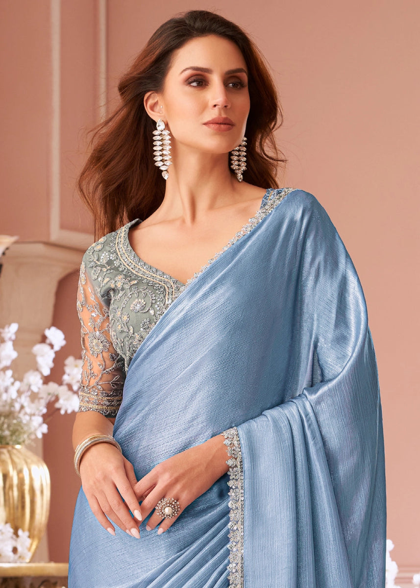 Ice Blue Embellished Chiffon Saree with Designer Blouse - House of Sarvati LLC