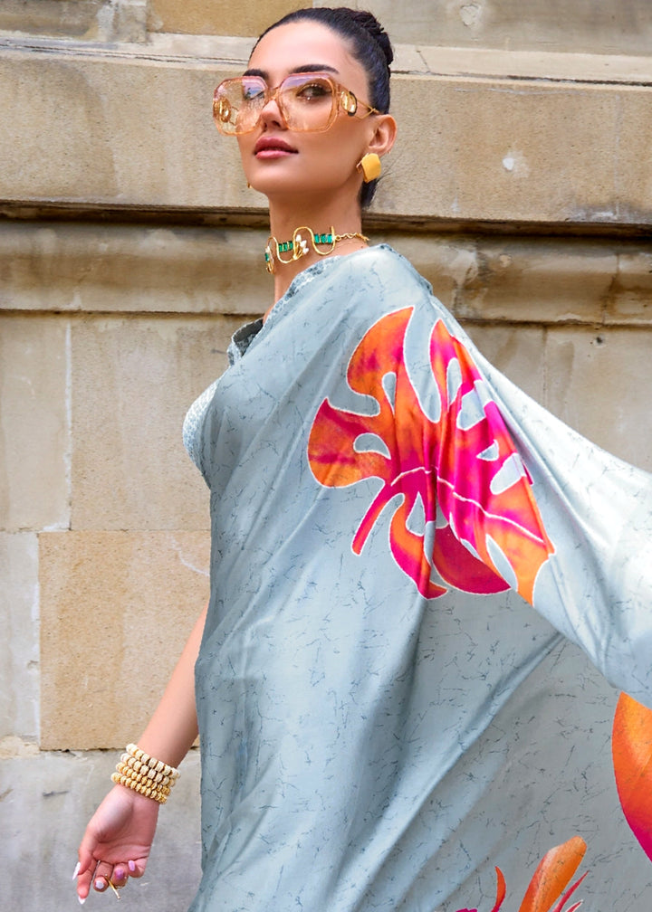 Ice Blue Lightweight Printed Saree in Satin Crepe - House of Sarvati LLC