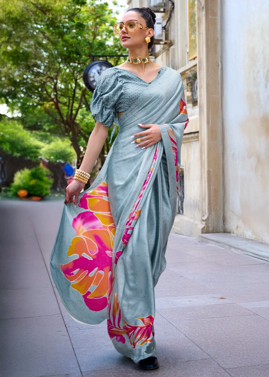 Ice Blue Lightweight Printed Saree in Satin Crepe - House of Sarvati LLC