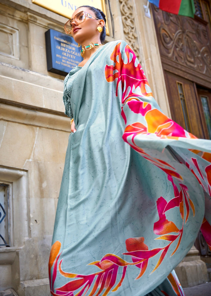 Ice Blue Lightweight Printed Saree in Satin Crepe - House of Sarvati LLC