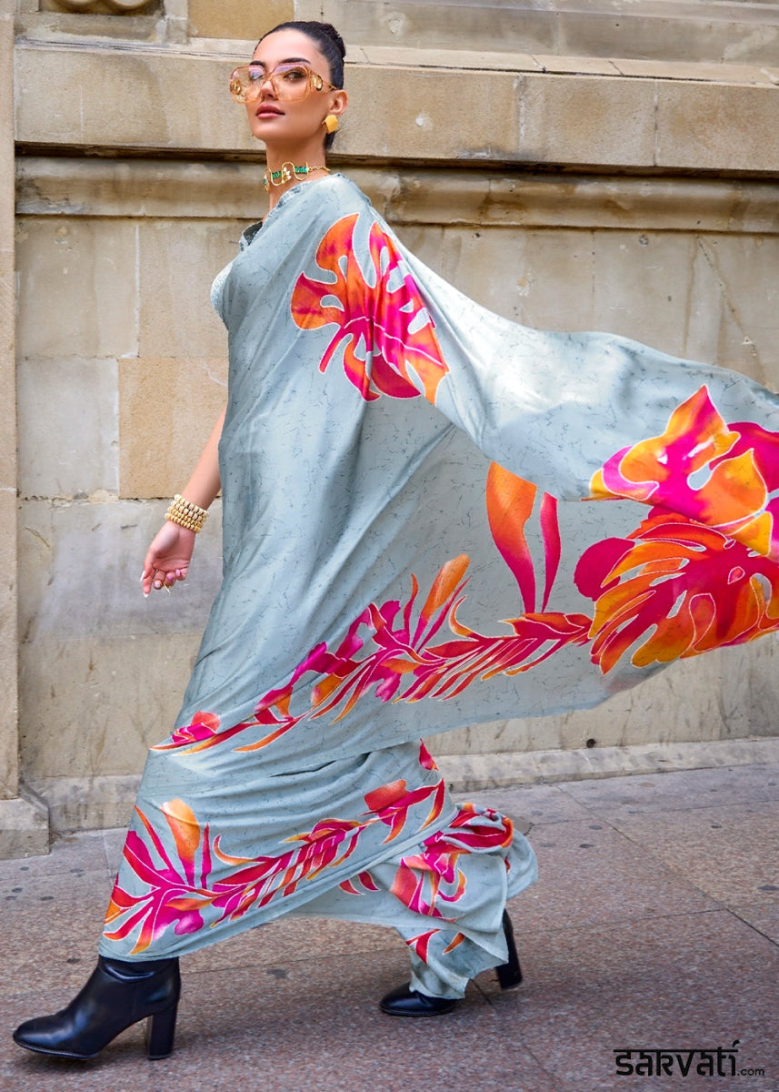 Ice Blue Lightweight Printed Saree in Satin Crepe - House of Sarvati LLC