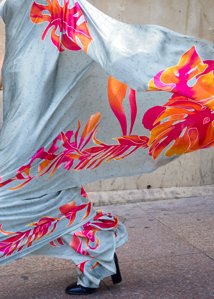 Ice Blue Lightweight Printed Saree in Satin Crepe - House of Sarvati LLC
