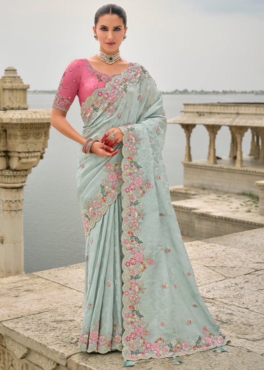 Ice Blue Viscose Silk Saree with Intricate Cutwork & Embroidery - House of Sarvati LLC