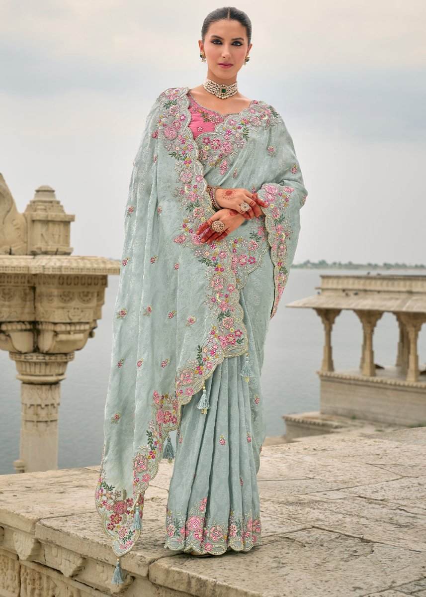 Ice Blue Viscose Silk Saree with Intricate Cutwork & Embroidery - House of Sarvati LLC