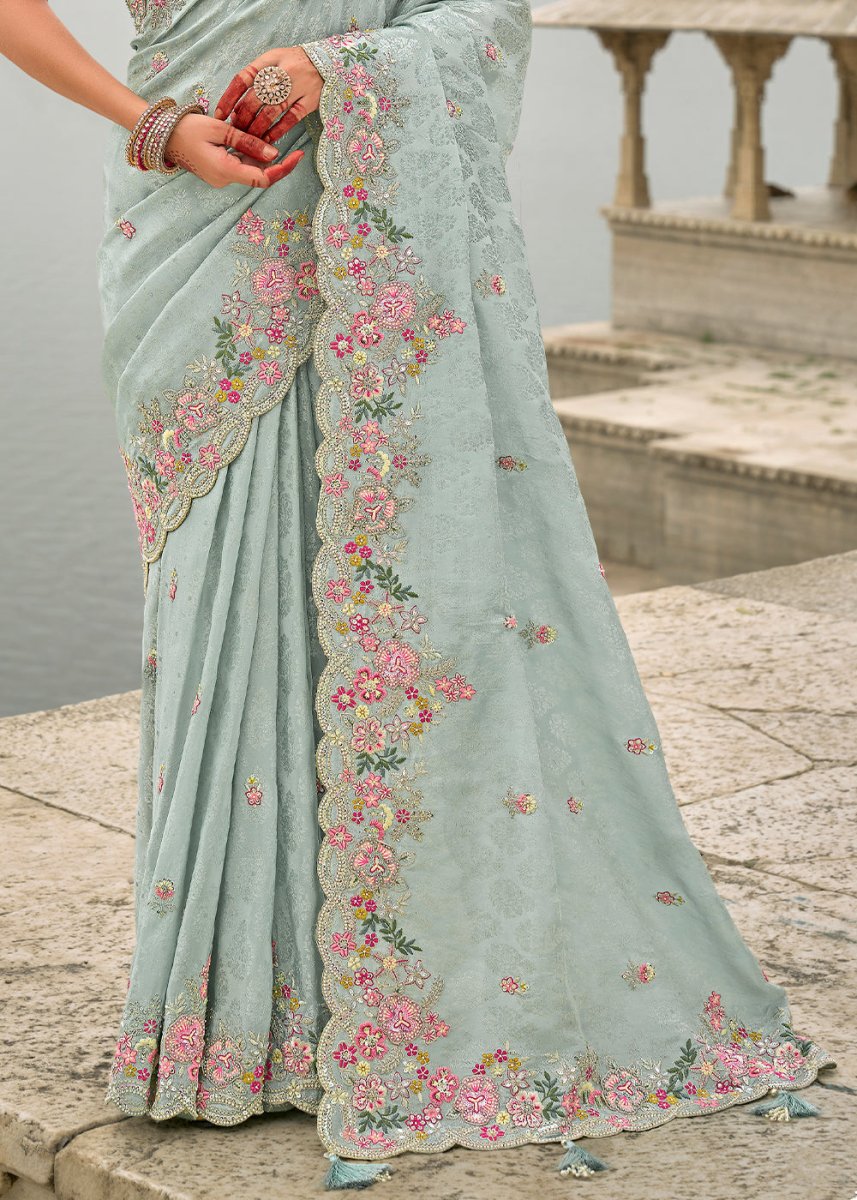Ice Blue Viscose Silk Saree with Intricate Cutwork & Embroidery - House of Sarvati LLC