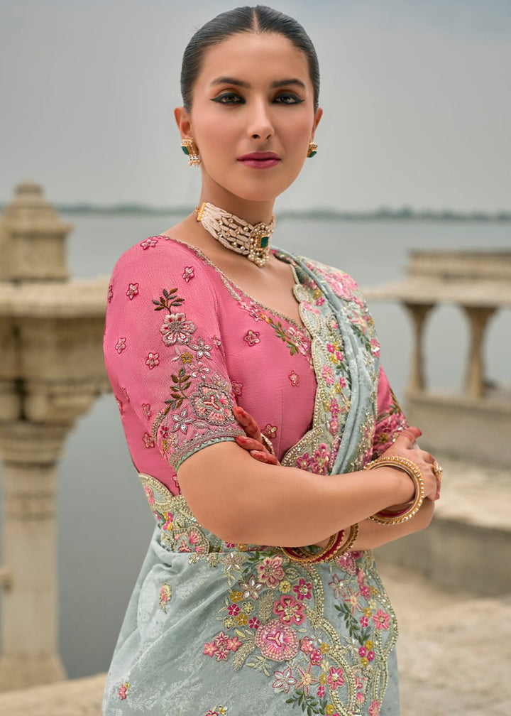 Ice Blue Viscose Silk Saree with Intricate Cutwork & Embroidery - House of Sarvati LLC