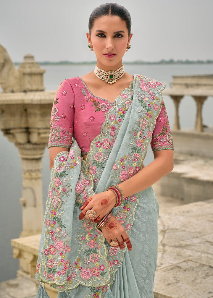 Ice Blue Viscose Silk Saree with Intricate Cutwork & Embroidery - House of Sarvati LLC
