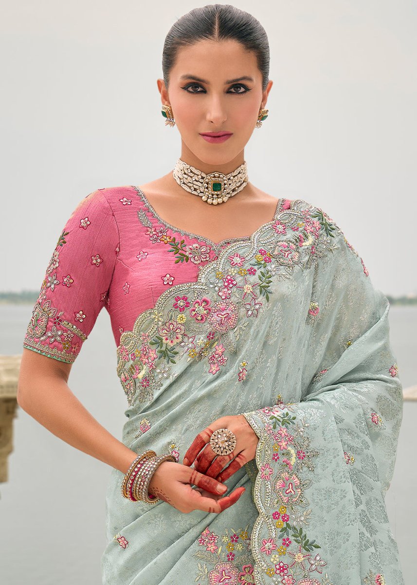Ice Blue Viscose Silk Saree with Intricate Cutwork & Embroidery - House of Sarvati LLC