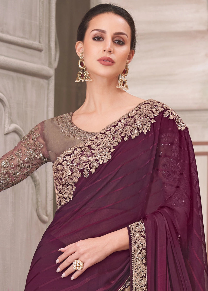 Imperial Purple Georgette Silk Saree With Detailed Embroidery And Luxe Appeal - House of Sarvati LLC