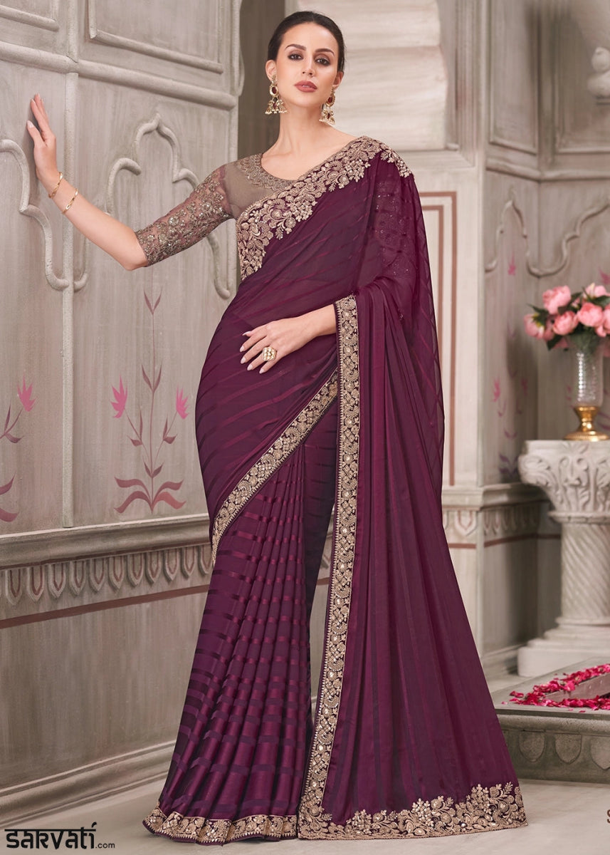 Imperial Purple Georgette Silk Saree With Detailed Embroidery And Luxe Appeal - House of Sarvati LLC