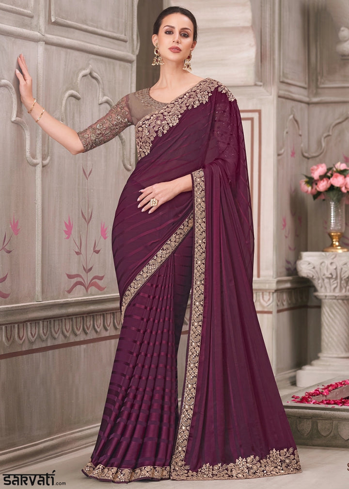 Imperial Purple Georgette Silk Saree With Detailed Embroidery And Luxe Appeal - House of Sarvati LLC