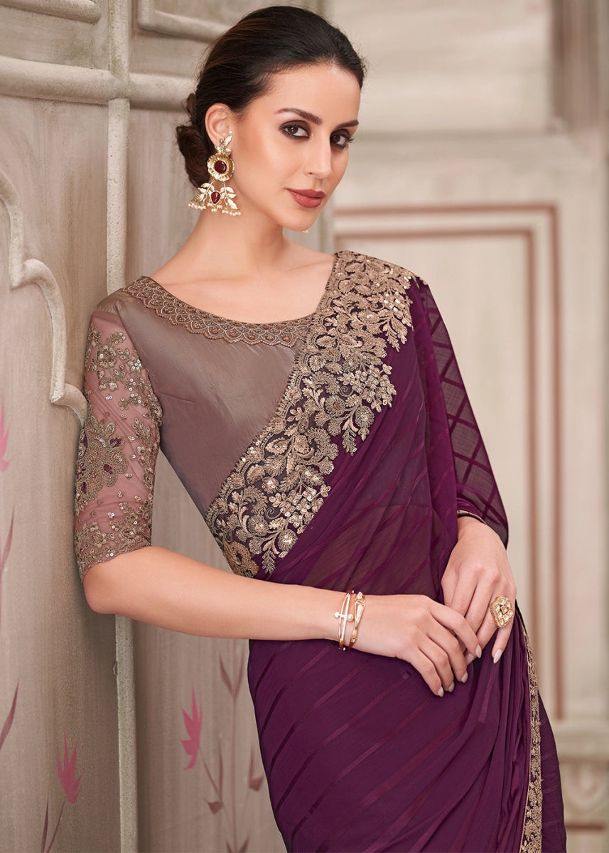 Imperial Purple Georgette Silk Saree With Detailed Embroidery And Luxe Appeal - House of Sarvati LLC