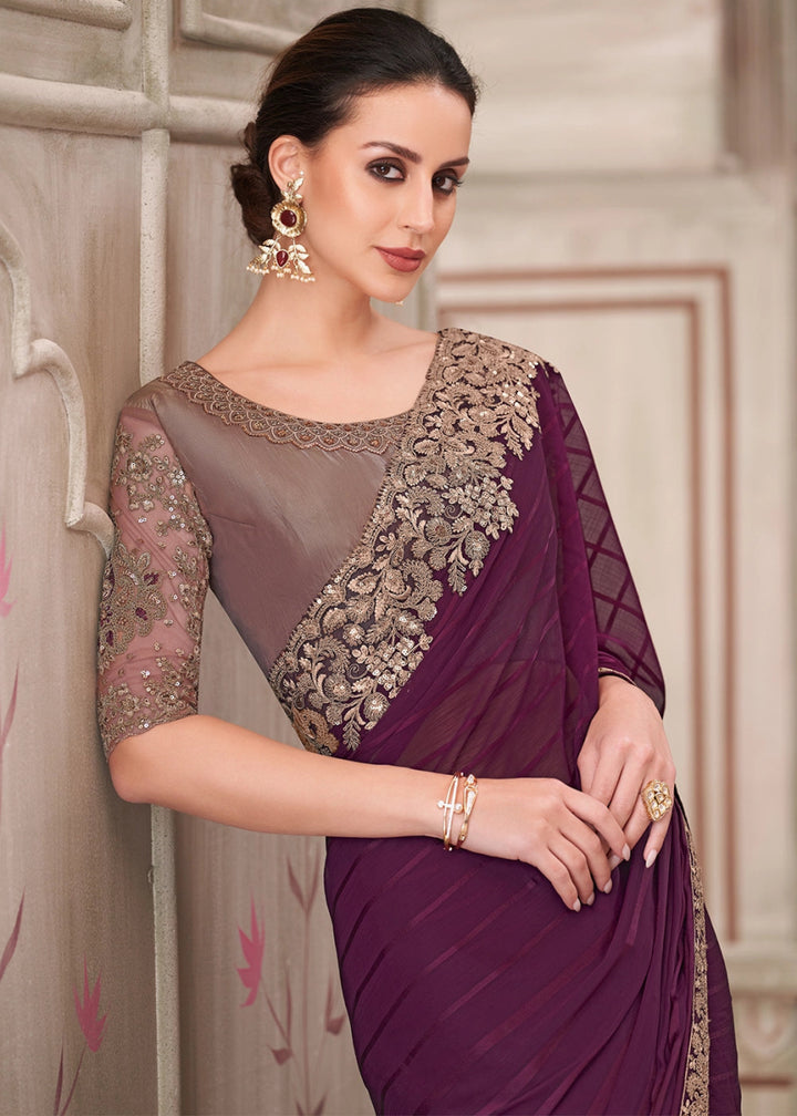 Imperial Purple Georgette Silk Saree With Detailed Embroidery And Luxe Appeal - House of Sarvati LLC