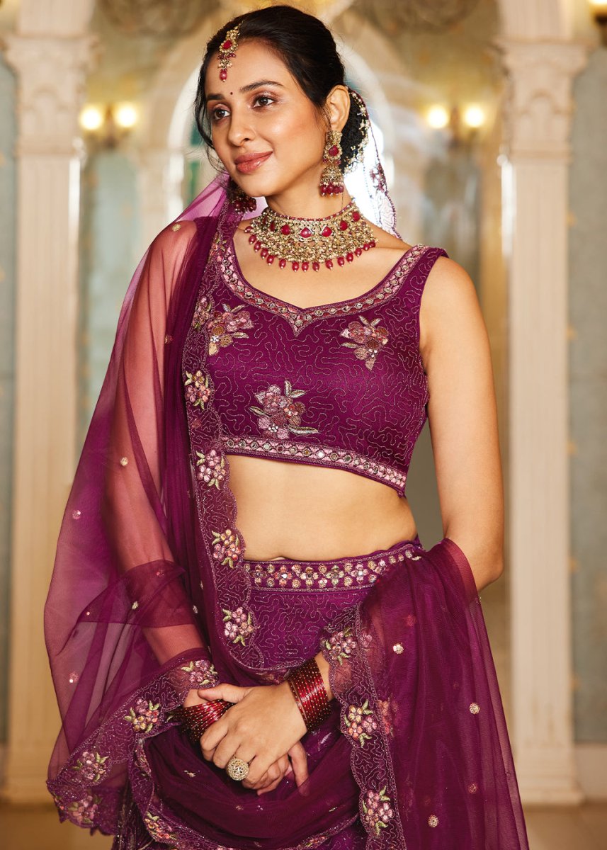 Imperial Purple Net Lehenga Choli with Coding & Zarkan Work - House of Sarvati LLC