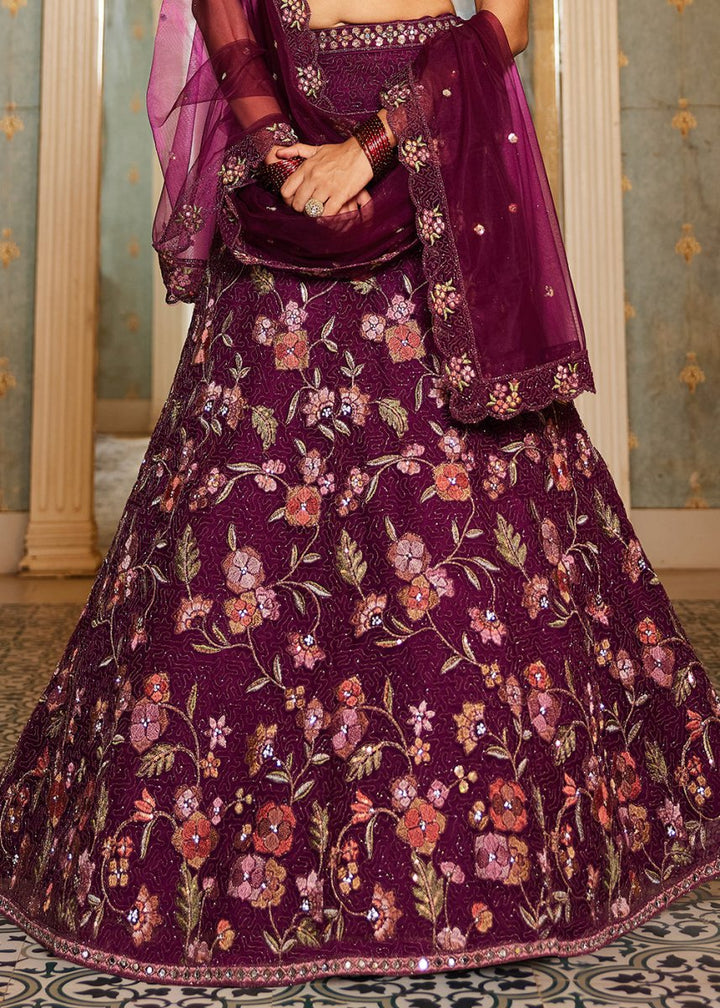 Imperial Purple Net Lehenga Choli with Coding & Zarkan Work - House of Sarvati LLC