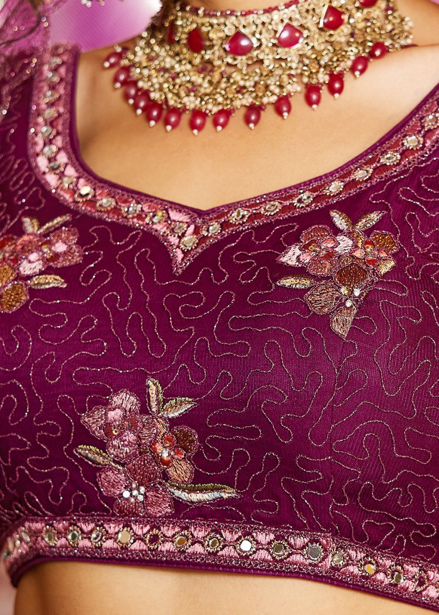 Imperial Purple Net Lehenga Choli with Coding & Zarkan Work - House of Sarvati LLC