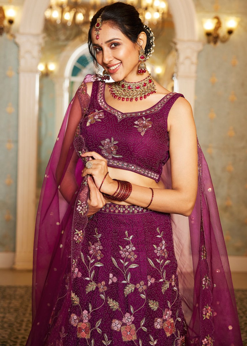 Imperial Purple Net Lehenga Choli with Coding & Zarkan Work - House of Sarvati LLC