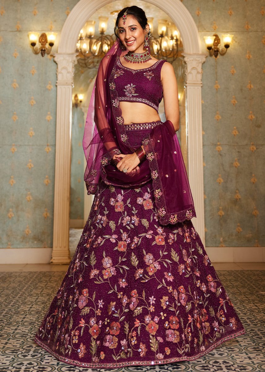 Imperial Purple Net Lehenga Choli with Coding & Zarkan Work - House of Sarvati LLC