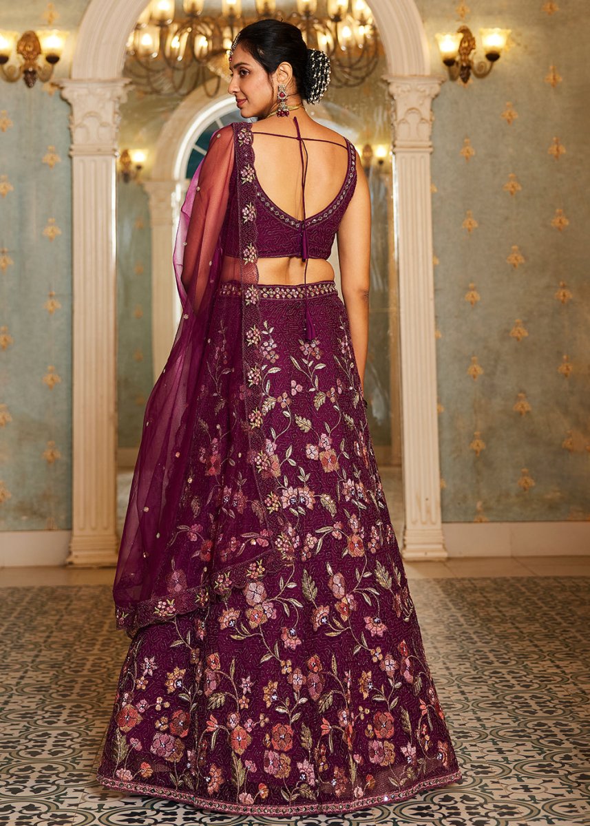 Imperial Purple Net Lehenga Choli with Coding & Zarkan Work - House of Sarvati LLC