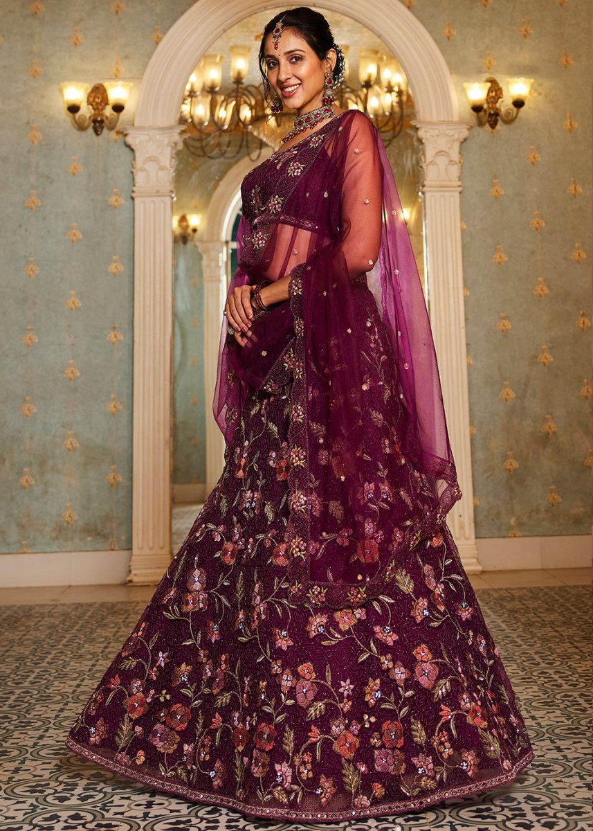 Imperial Purple Net Lehenga Choli with Coding & Zarkan Work - House of Sarvati LLC