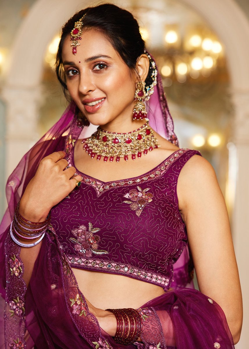 Imperial Purple Net Lehenga Choli with Coding & Zarkan Work - House of Sarvati LLC