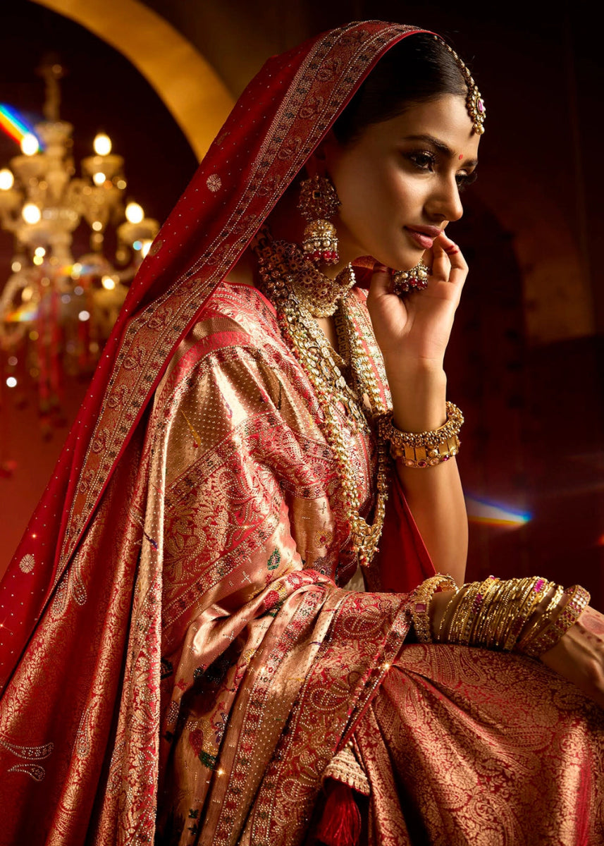 Imperial Red Kadwa Kasab Silk Saree with Swarovski Accents & Zircon Embroidery – With Dupatta - House of Sarvati LLC
