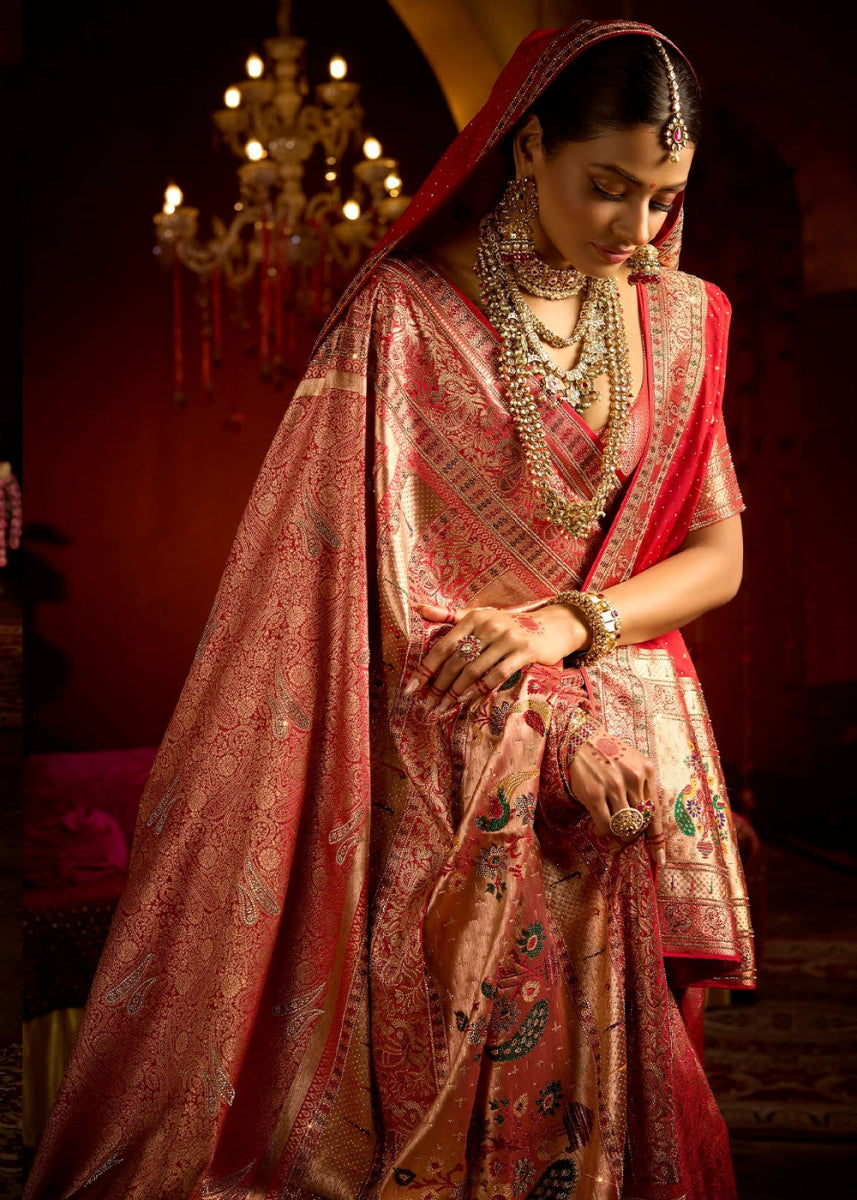 Imperial Red Kadwa Kasab Silk Saree with Swarovski Accents & Zircon Embroidery – With Dupatta - House of Sarvati LLC