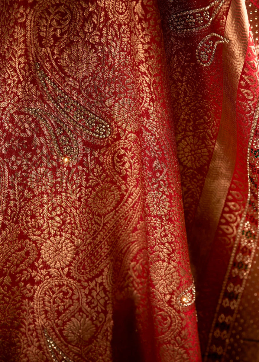 Imperial Red Kadwa Kasab Silk Saree with Swarovski Accents & Zircon Embroidery – With Dupatta - House of Sarvati LLC