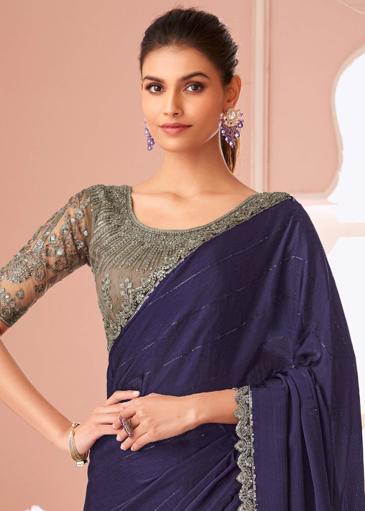 Indigo Blue Embellished Satin Saree with Designer Blouse - House of Sarvati LLC