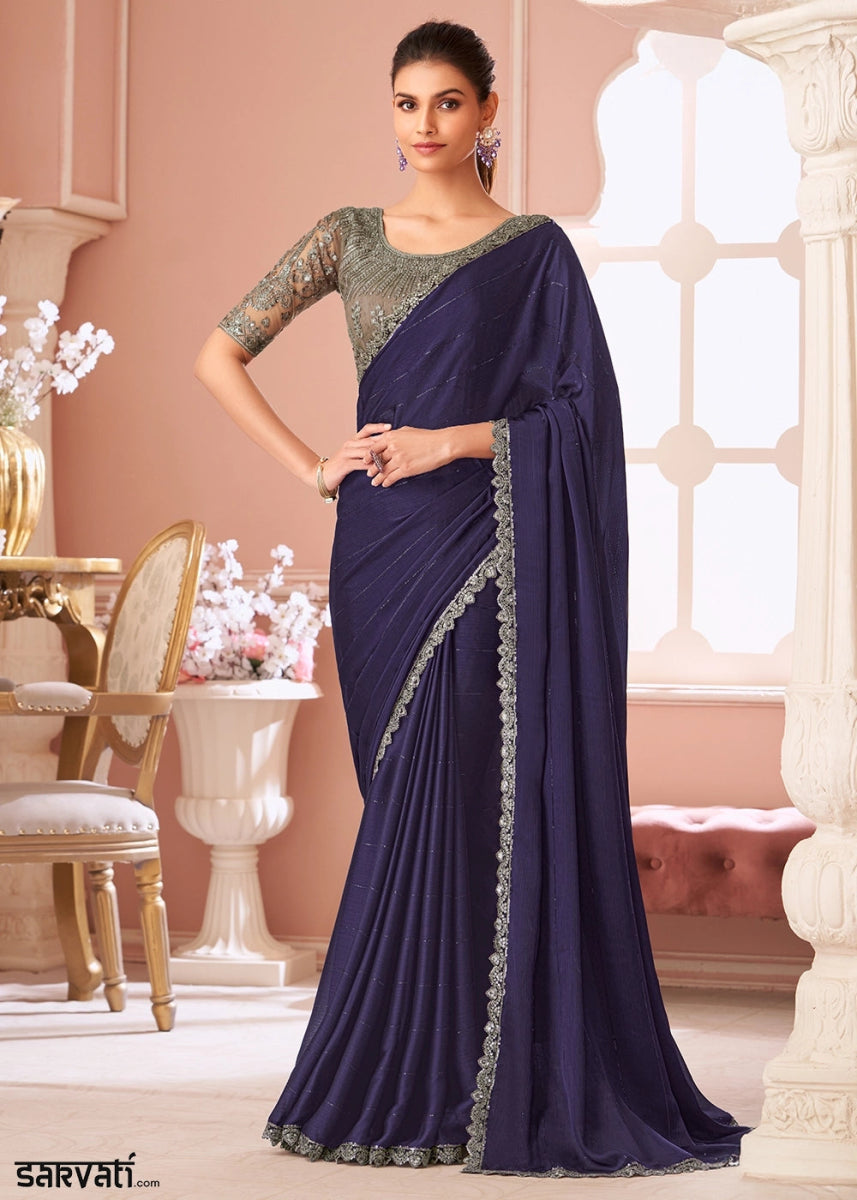 Indigo Blue Embellished Satin Saree with Designer Blouse - House of Sarvati LLC