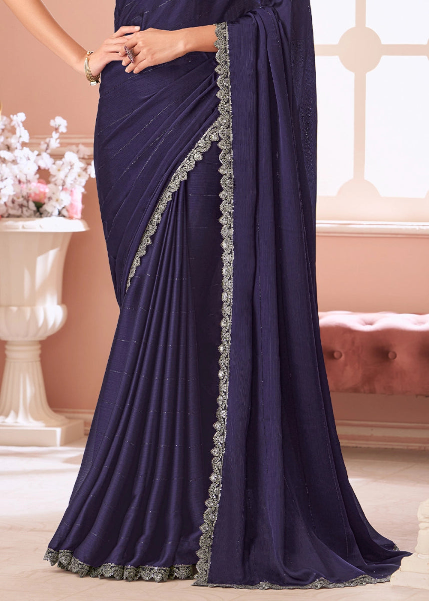 Indigo Blue Embellished Satin Saree with Designer Blouse - House of Sarvati LLC