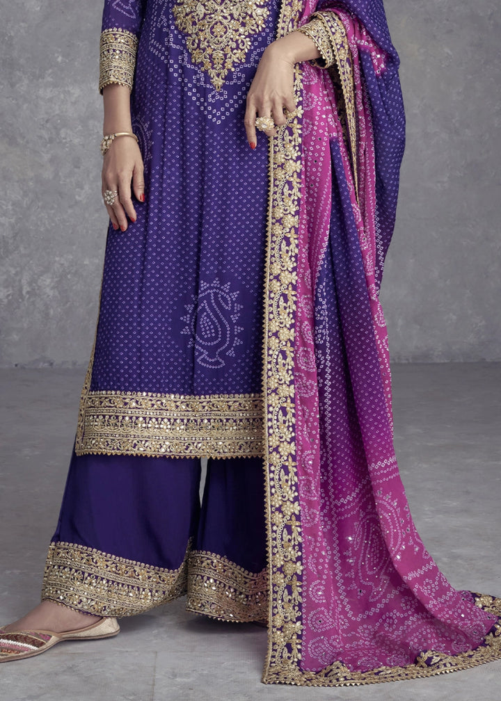 Indigo Purple Chinon Silk Palazzo Suit with Bandhani Print & Embroidery - House of Sarvati LLC