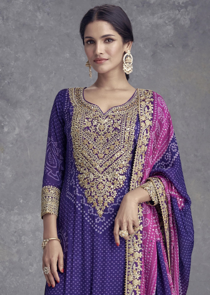 Indigo Purple Chinon Silk Palazzo Suit with Bandhani Print & Embroidery - House of Sarvati LLC