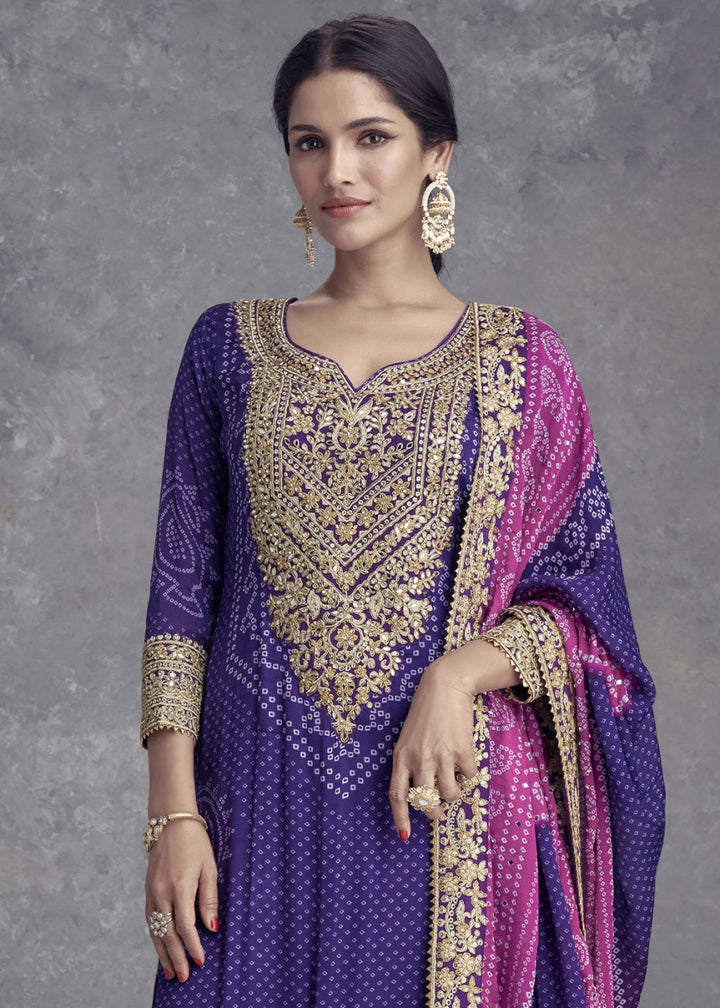 Indigo Purple Chinon Silk Palazzo Suit with Bandhani Print & Embroidery - House of Sarvati LLC