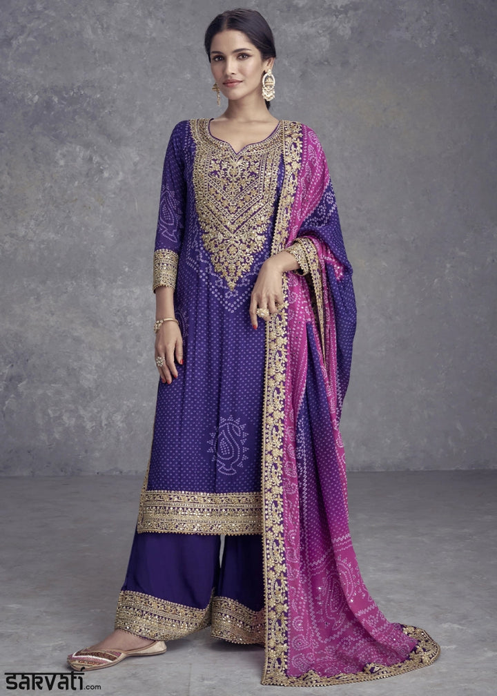 Indigo Purple Chinon Silk Palazzo Suit with Bandhani Print & Embroidery - House of Sarvati LLC