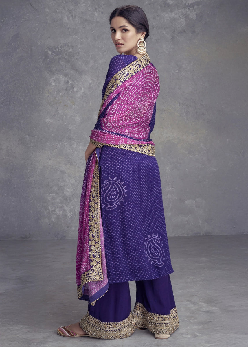 Indigo Purple Chinon Silk Palazzo Suit with Bandhani Print & Embroidery - House of Sarvati LLC