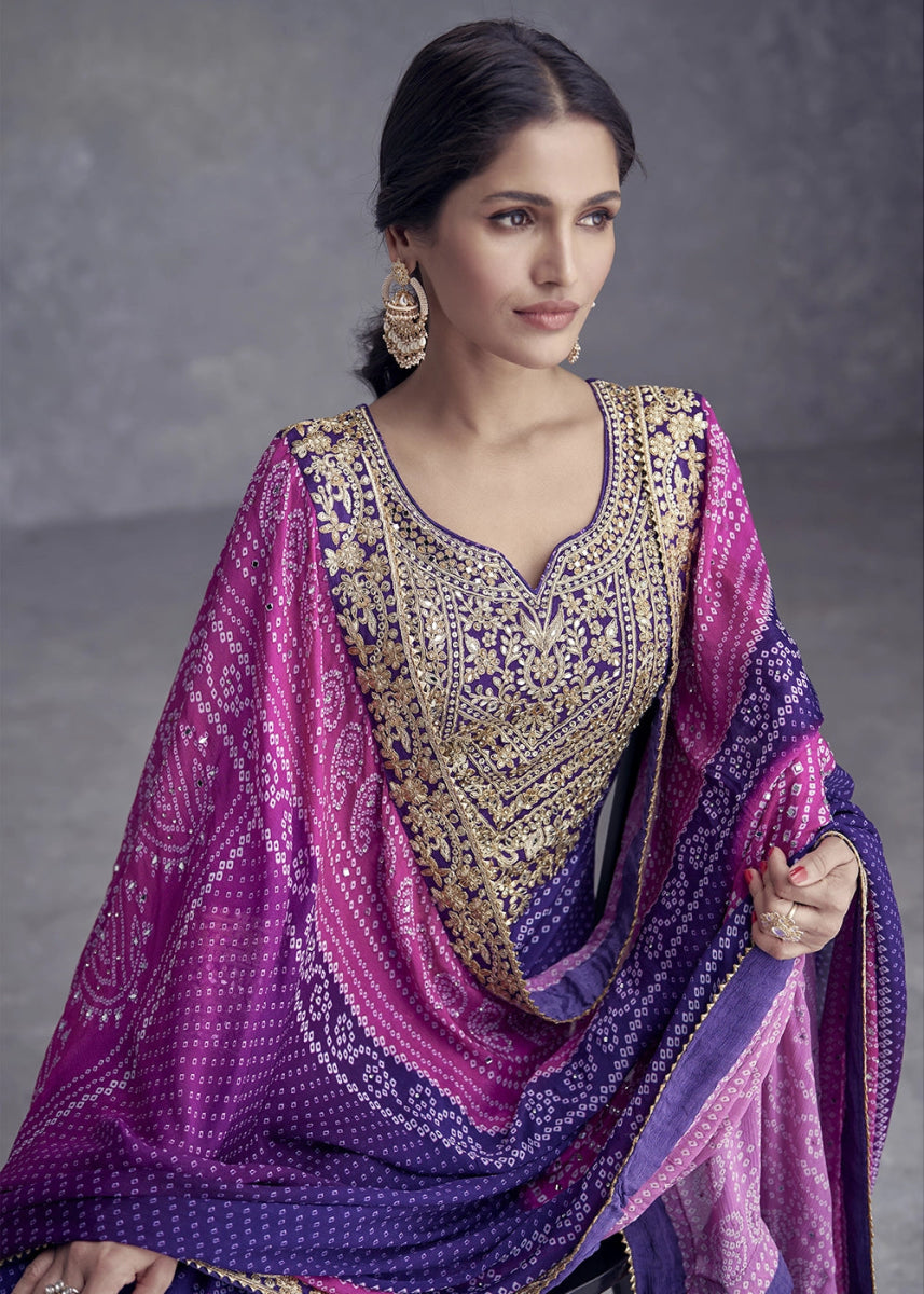 Indigo Purple Chinon Silk Palazzo Suit with Bandhani Print & Embroidery - House of Sarvati LLC