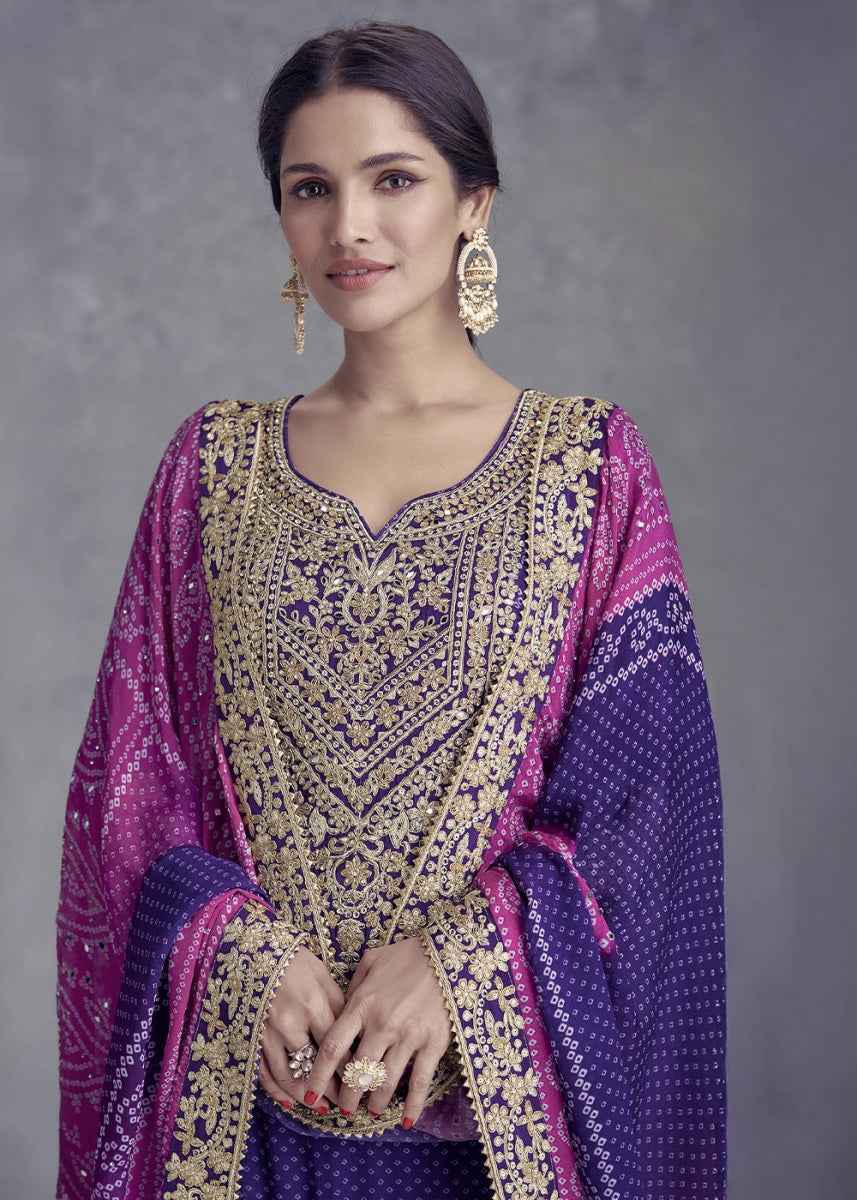Indigo Purple Chinon Silk Palazzo Suit with Bandhani Print & Embroidery - House of Sarvati LLC