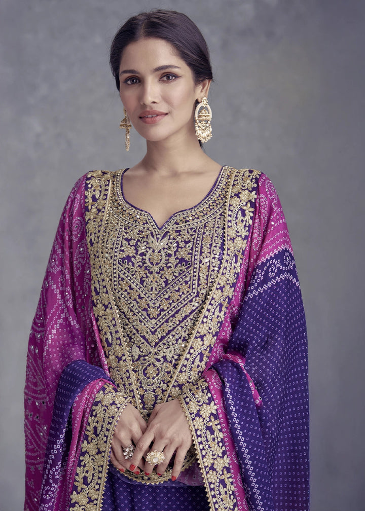Indigo Purple Chinon Silk Palazzo Suit with Bandhani Print & Embroidery - House of Sarvati LLC