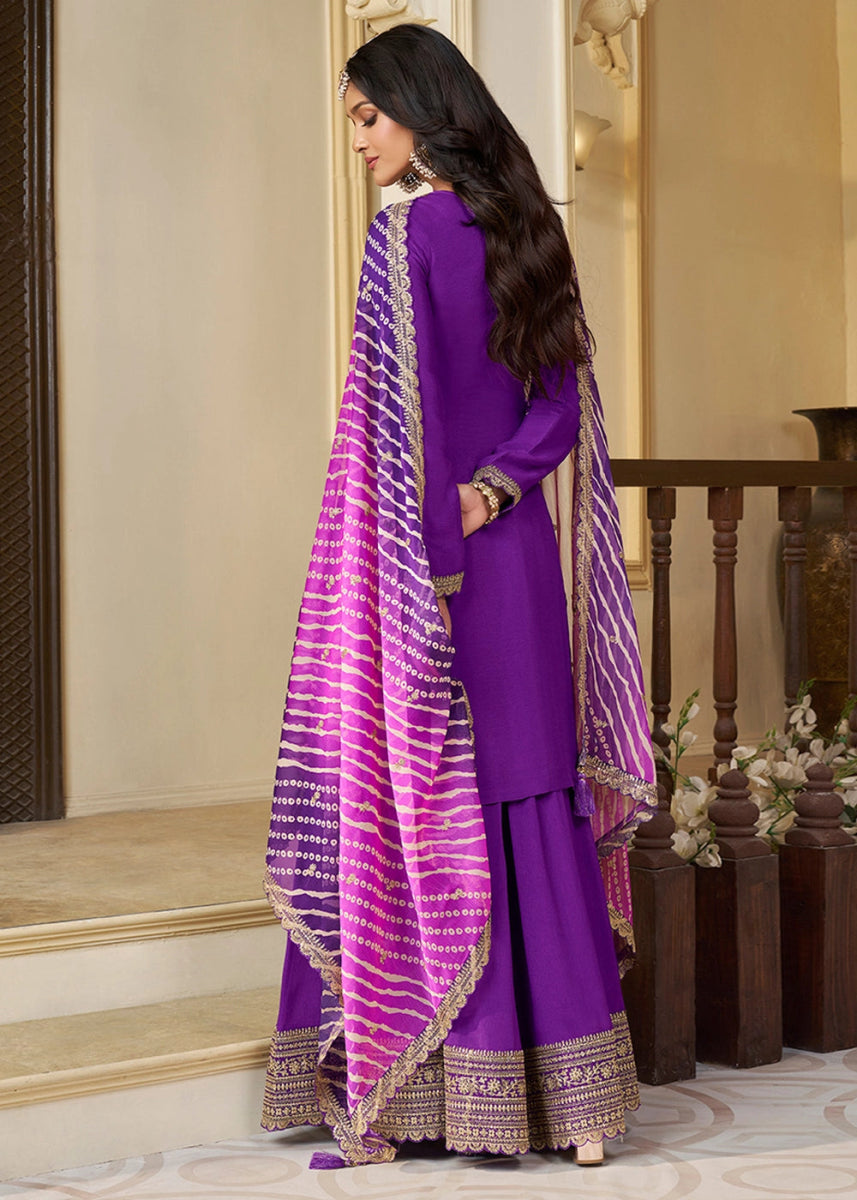 Indigo Purple Chinon Silk Sharara Suit with IntricateThread & Sequin Embroidery - House of Sarvati LLC
