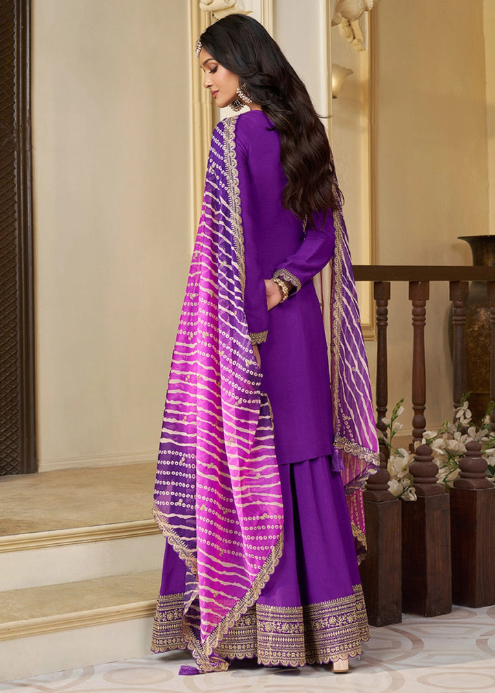 Indigo Purple Chinon Silk Sharara Suit with IntricateThread & Sequin Embroidery - House of Sarvati LLC