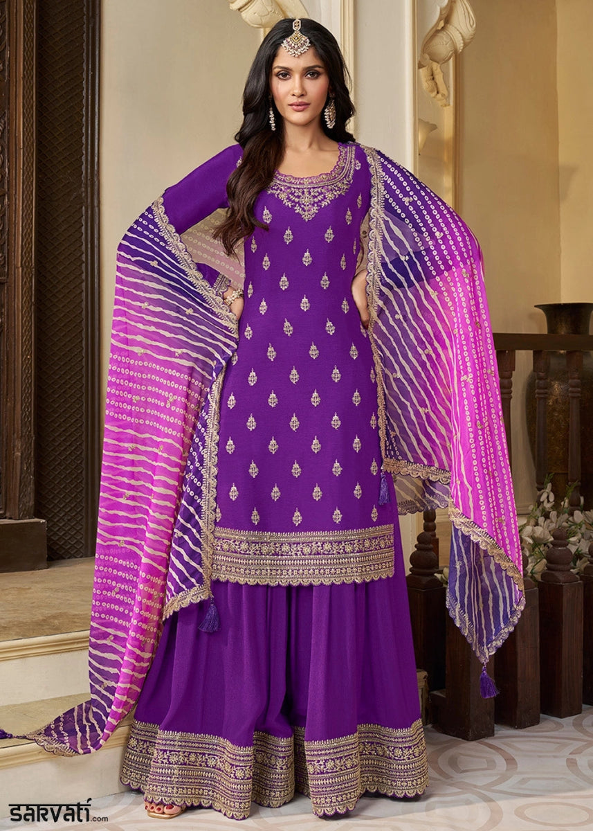 Indigo Purple Chinon Silk Sharara Suit with IntricateThread & Sequin Embroidery - House of Sarvati LLC