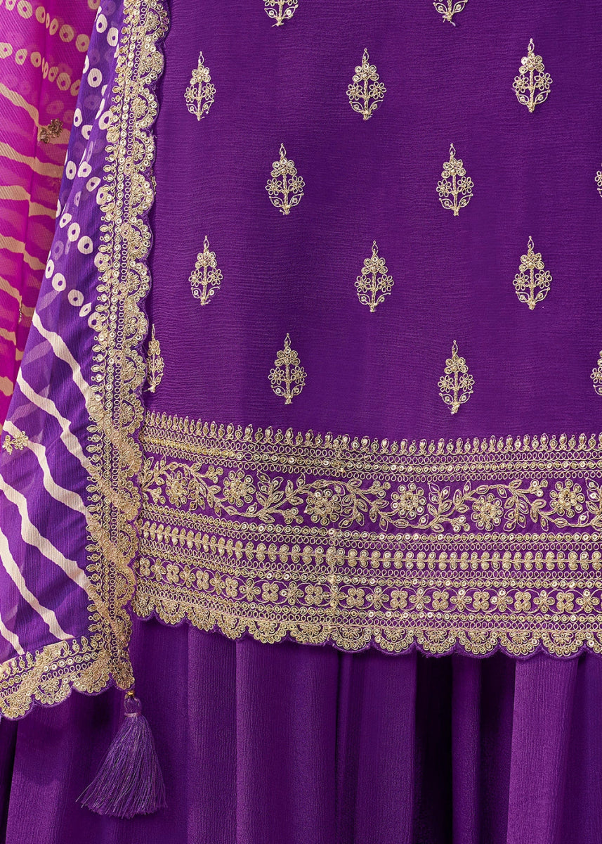 Indigo Purple Chinon Silk Sharara Suit with IntricateThread & Sequin Embroidery - House of Sarvati LLC